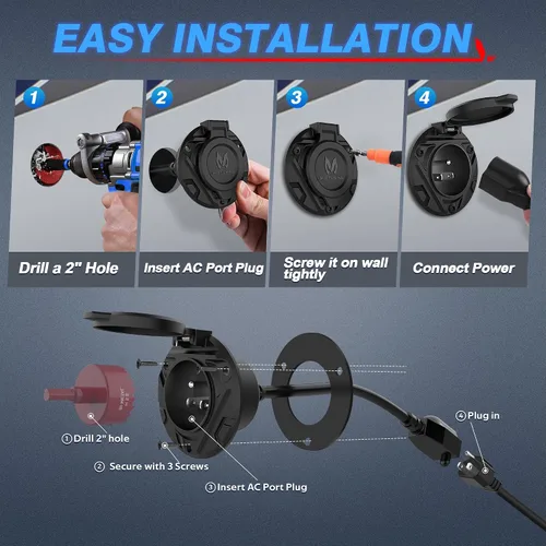 Vista 3 de MICTUNING Enchufe de puerto de CA 10A-15A, enchufe de entrada de alimentación de 125 V con cable de extensión integrado de 20 pulgadas y cubierta