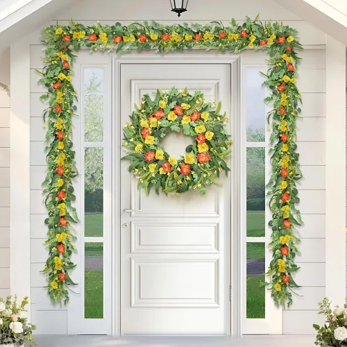 Vista 5 de Guirnalda de verano de 6 pies para decoración, guirnaldas de flores de eucalipto verde de verano para mesa de manto, decoración de boda, enredaderas