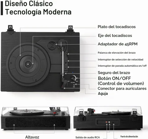 Vista 4 de Tocadiscos de vinilo Bluetooth con altavoces estéreo incorporados, transmisión por correa, tocadiscos de 3 velocidades para discos de vinilo