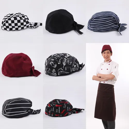 Vista 2 de 2 piezas Unisex Cocina Catering Chef Skull Cap Tie Back Pirate Hat Headwrap, Como se describe