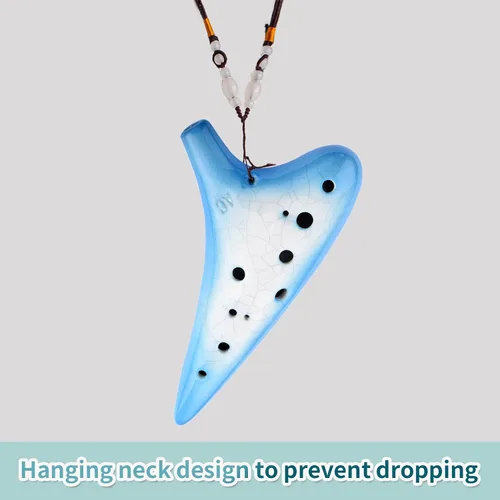 Vista 5 de Joy of Wood Thrush - Ocarina transversal de 12 agujeros en Do alto de cerámica tipo batata, con bolsa protectora y cancionero (Azul degradado)