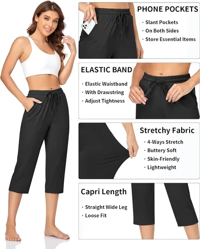 Vista 4 de TARSE Pantalones capri de yoga para mujer, sueltos, suaves, con cordón, pantalones de entrenamiento casuales con bolsillos