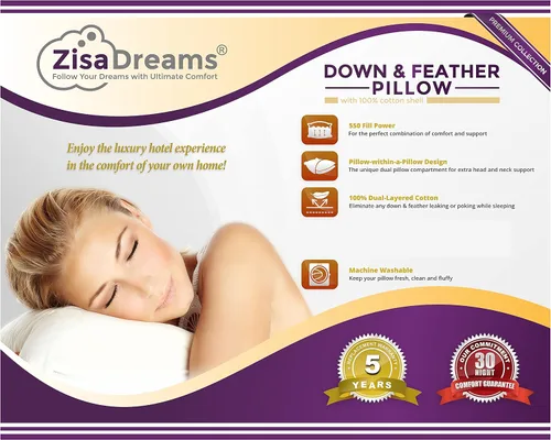 Vista 2 de Zisa Dreams Almohada premium de plumón y plumas 100% algodón de doble capa (juego de 2 almohadas) (estándar)