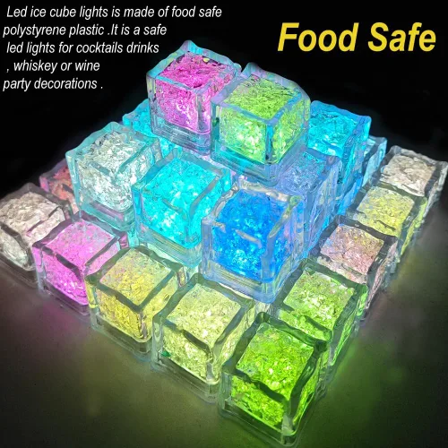 Vista 5 de Paquete de 120 cubitos de hielo iluminados, cubitos de hielo LED que brillan para bebidas con sensor de líquido, luces LED impermeables multicolor