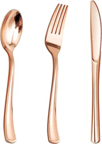 Vista 9 de Goodluck 150 cubiertos de plástico dorados, utensilios dorados desechables, juego de 50 tenedores, 50 cucharas, 50 cuchillos para bodas, fiestas