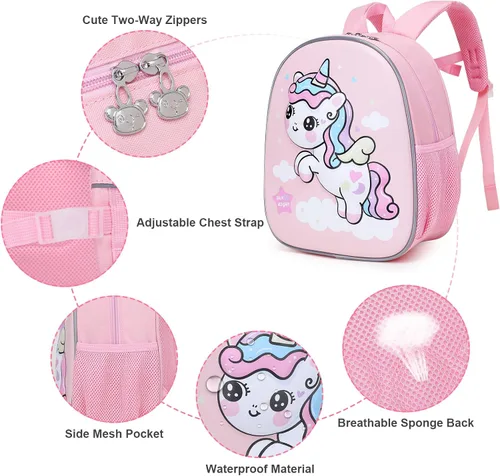 Vista 5 de Mochila para niñas y niños, bonita mochila escolar de dibujos animados 3D para bebés y niñas de 2 a 5 años, Unicorn