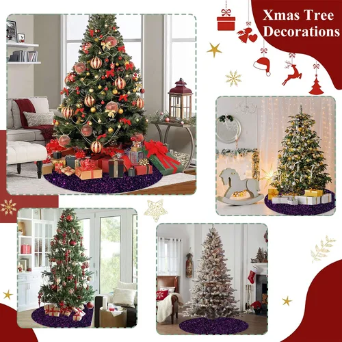Vista 6 de Faldas de árbol moradas de Navidad de 21 pulgadas, faldas de árbol de lentejuelas con purpurina, decoración de tela de terciopelo, falda de árbol