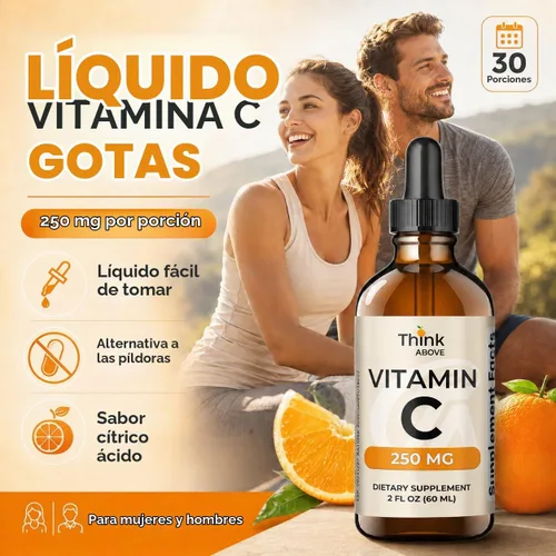 Vista 2 de Think Above Gotas líquidas de vitamina C, 250 mg por porción, vitamina C como ácido L-ascórbico, suplemento líquido de vitamina C para adultos, 30
