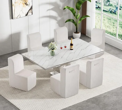 Vista 16 de Juego de mesa de comedor de mármol sintético blanco para 10, juego de mesa de comedor extensible de 11 piezas de 63 a 94 pulgadas con 10 sillas