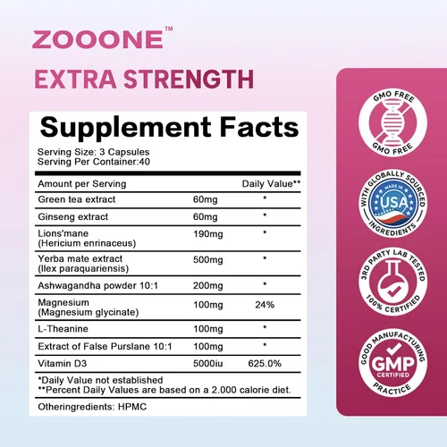 Vista 2 de Zooone Super Yerba Mate Cápsulas - Fórmula de cerebro de yerba con melena de león, salud intestinal, enfoque, memoria, suplemento energético
