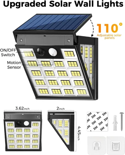Vista 8 de 160 luces LED solares de movimiento para exteriores, luces solares de pared de 3 lados para exteriores, gran angular de 270°, 3 modos