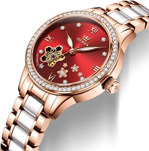 Vista 9 de OLEVS Relojes para mujer, reloj automático de lujo, correa de cerámica, oro rosa, reloj de pulsera para mujer
