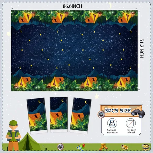 Vista 2 de Chinco Mantel de camping de 3 piezas, decoración de fiesta de campamento de fogata, impermeable, de plástico, rectangular, para picnic, senderismo
