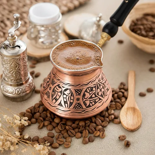 Vista 4 de Cafetera turca griega árabe de cobre de 12 onzas con mango de madera (4 tazas), Cezve, Ibrik, cafetera griega Briki, cafetera turca martillada