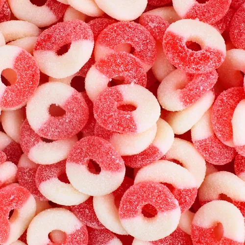 Vista 7 de Coronas de gomitas navideñas - Dulces navideños de gomitas, anillos de goma recubiertos de azúcar rojo, verde y blanco festivos de Queen City Candy