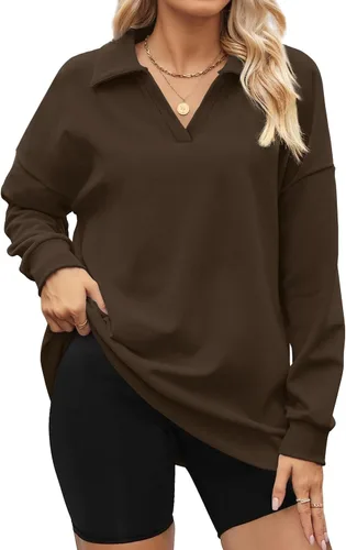 Vista 2 de Dofaoo Sudaderas para mujer de manga larga con cuello en V, ajuste holgado, túnica para leggings, sudadera con cuello