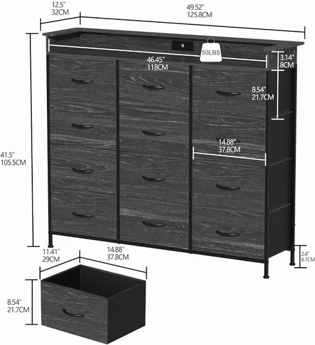 Vista 2 de Cómoda negra con luz LED, 12 cajones con estación de carga, cómoda para dormitorio con 12 cajones de tela para dormitorio, pasillo, entrada