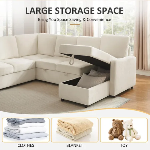 Vista 4 de Sofá Seccional Cama de 111 pulgadas con Cama Extraíble, Sofá Modular de 6 Asientos en Forma de U con Chaise de Almacenamiento, Sofá Seccional