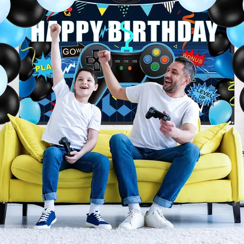 Vista 7 de Skylety 34 Piezas Decoraciones de Cumpleaños de Jugador Suministros de Fiesta de Videojuegos Incluyendo Telón de Fondo de Feliz Cumpleaños