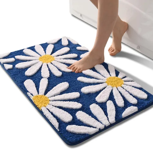 Vista 37 de QJHOMO Alfombra de baño beige con diseño de margaritas, decoración de flores blancas y amarillas, alfombra antideslizante de microfibra, súper