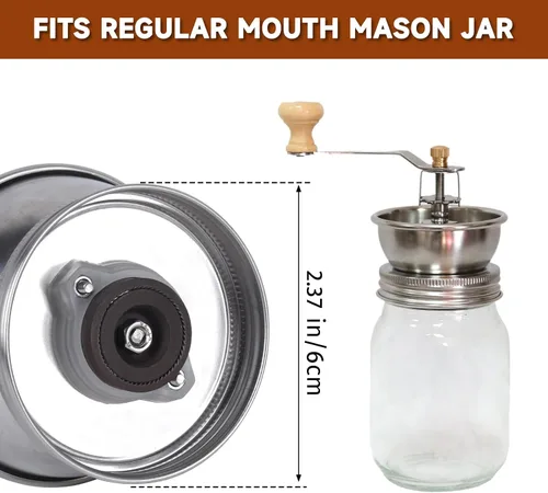 Vista 3 de Molinillo de café de tarro masón, accesorio de tapa manual para tarros Mason de boca regular, tapa de tarro Mason de acero inoxidable y rebabas