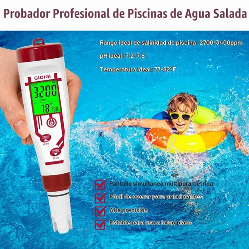 Vista 2 de Medidor de pH de salinidad para acuario, probador digital de sal de piscina, pantalla simultáneamente 5 en 1 PPM pH EC lector probador de calidad