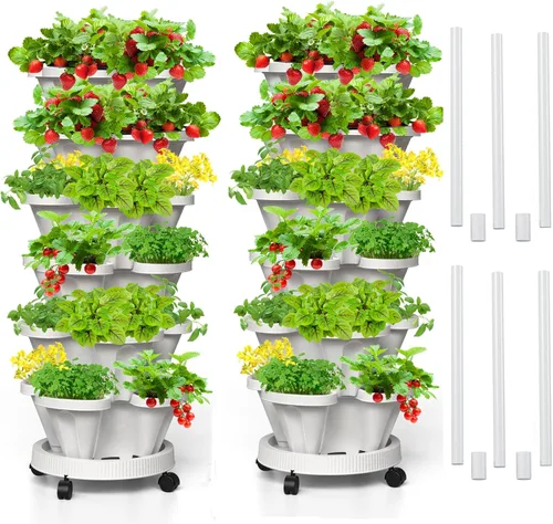 Vista 20 de Macetas verticales de fresa, paquete de 2 unidades, torre apilable de 5 niveles con poste de soporte, macetas apilables para hierbas y verduras