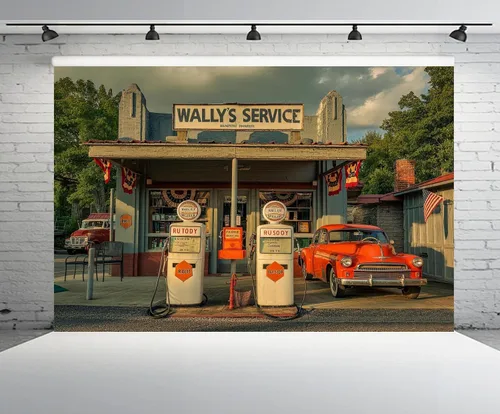 Vista 4 de Telón de fondo retro para gasolinera de 5 x 3 pies, estación de servicio de Wally, bombas de gas, bandera de Estados Unidos, flor, autopista, tienda