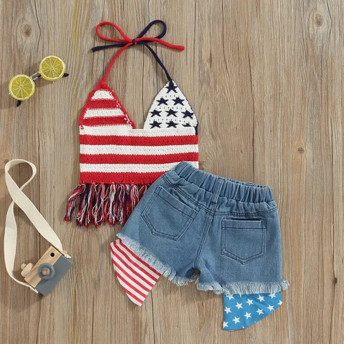 Vista 27 de Adobabirl Conjunto de ropa de verano para niña pequeña, sin mangas, acanalada, top halter y pantalones cortos, ropa de moda para niños con cinturón