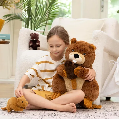 Vista 3 de MaoGoLan 4 animales de peluche de castor con tres bebés en el interior, regalo de felpa de castor gigante esponjoso de 17.7 pulgadas, divertidos