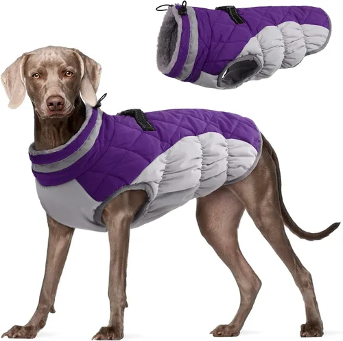Vista 49 de Abrigo para perro, chaqueta cálida de invierno, acolchada, de vellón, chaleco reflectante con arnés, chaqueta de nieve impermeable con cremallera, a
