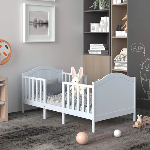 Vista 2 de Costzon Cama convertible 2 en 1 para niños pequeños, cama clásica de madera para niños con 2 barandillas laterales, estribo para mayor seguridad
