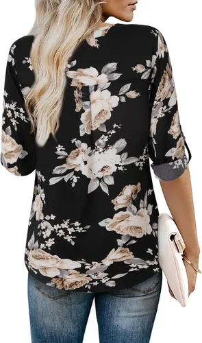 Vista 3 de Youtalia - Blusa casual de mujer con cuello en V, estampada, de gasa, con mangas de 34 con puños, estilo casual