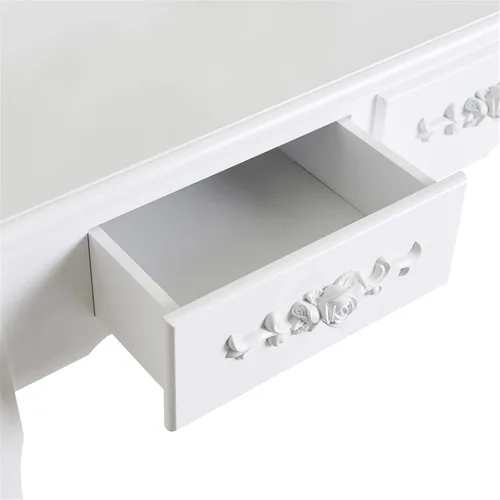 Vista 6 de Juego de tocador con 4 cajones de rotación de 360 grados extraíble, mesa de maquillaje con taburete, escritorio de tocador para dormitorio
