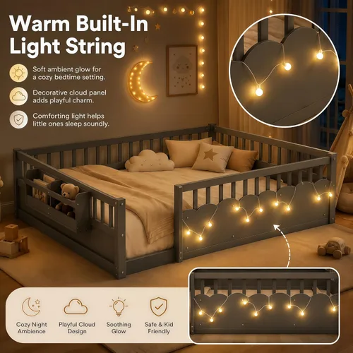 Vista 5 de Cama Montessori de tamaño matrimonial con estantería, luces, listones y Luces grises