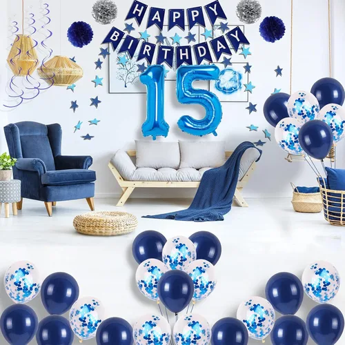 Vista 2 de Decoraciones azules para fiesta de cumpleaños número 15, pancarta de feliz cumpleaños, globos de número 15, serpentinas de estrellas azules