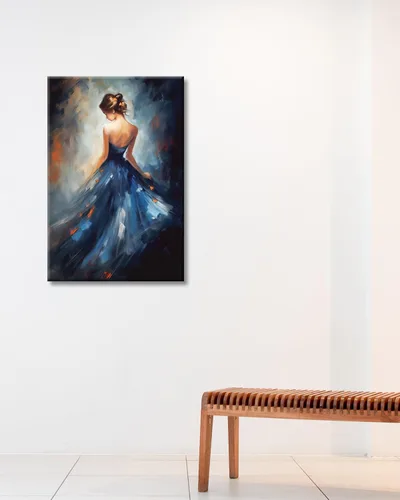 Vista 4 de GLOKAKA Pintura de niña bailarina, arte de pared para baño, abstracto, azul oscuro, brillante, sin espalda, vestido para niña, bailarina, lienzo