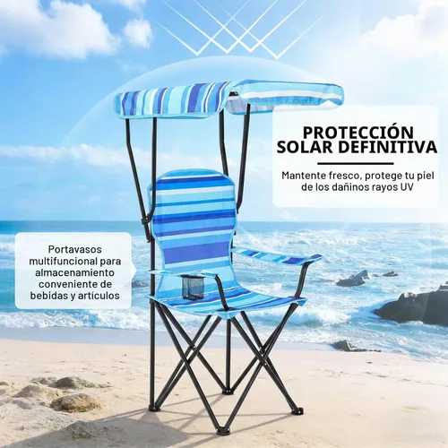 Vista 4 de Paquete de 2 sillas de playa con toldo, sillas plegables de camping con toldo, silla de césped portátil resistente a la intemperie con soporte