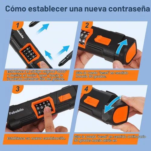 Vista 6 de Candados para bicicleta, antirrobo, combinación de 4 dígitos, combinación reiniciable de 4 dígitos, cerradura grande en forma de U con cable