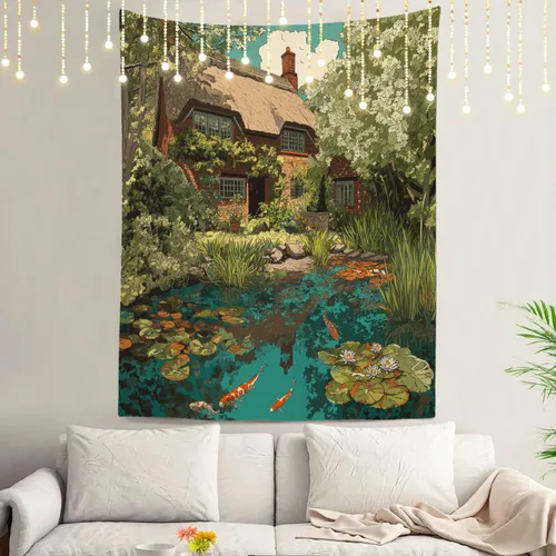 Vista 56 de Shrahala Peaceful Retreat Charming Abode Tapestry, Verdant Landscape Water Wall Hanging Hd Print Polyester Backdrop For Dorm Room Bedroom 30 X 40 In