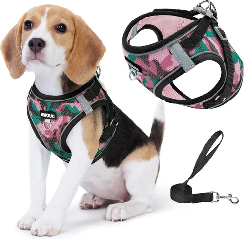 Vista 7 de Arnés para perro con juego de correa, arnés de paso ajustable, suave, acolchado y transpirable para perros de tamaño mediano, arnés de chaleco Rosa