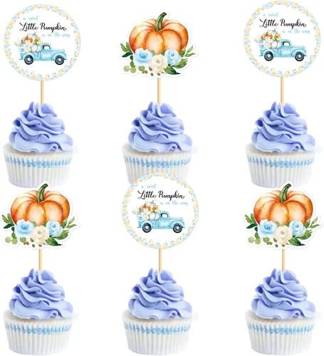 Vista 21 de 24 adornos para cupcakes de calabaza con purpurina, decoraciones de baby shower, tema de cosecha de otoño, suministros para fiestas de cumpleaños
