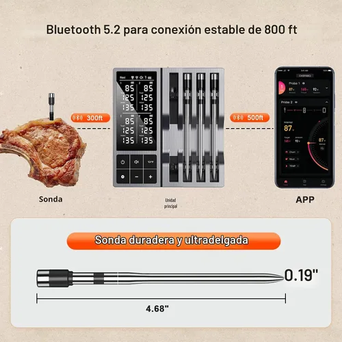 Vista 3 de Termómetro inalámbrico de carne con temporizador inteligente y alertas de APP, termómetro para parrilla de alimentos Bluetooth de 244 m, 4 sondas