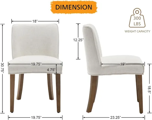 Vista 2 de Mid-Century - Juego de 6 sillas de comedor de tela de lino blanco sólido con patas de madera de nogal, respaldo acolchado, sillas laterales rústicas