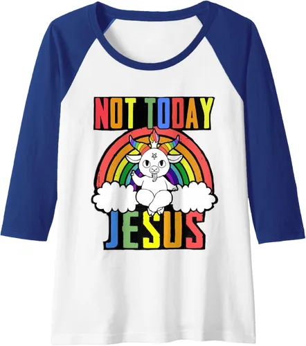 Vista 4 de Not Today Jesus - Camiseta de béisbol raglán con diseño de Baphomet LGBTQ, Negro, S
