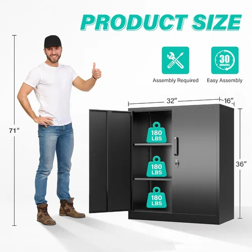Vista 3 de SISESOL Armario de almacenamiento de metal de 36 pulgadas con puertas y estantes, pequeño armario de almacenamiento de garaje con cerradura, Negro