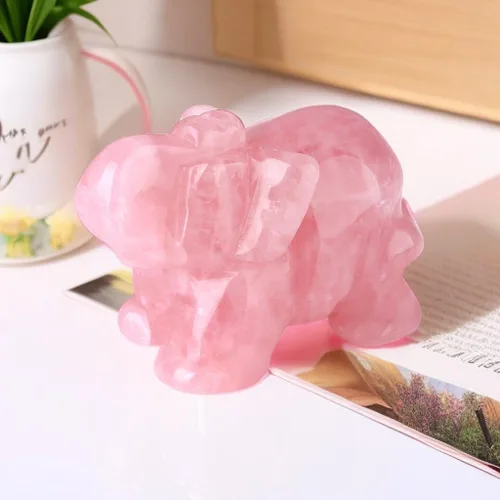 Vista 4 de Decoración de elefante de cuarzo rosa, cristales rosados, piedras curativas, figura de bolsillo, estatua de cristal natural, escultura tallada a
