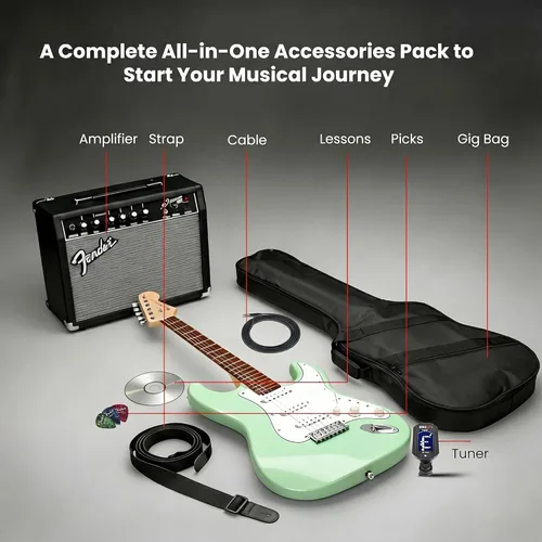 Vista 2 de Paquete Fender Squier Affinity Stratocaster Edición Limitada con amplificador Frontman 10G, estuche, cable de instrumento, correa, púas y DVD