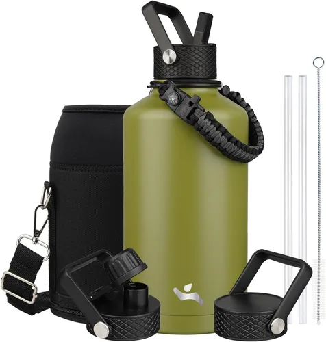 Vista 87 de Konokyo - Botella de agua aislada de 18 onzas, botellas deportivas de acero inoxidable con 3 tapas, verde militar