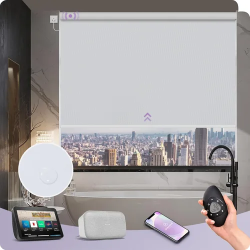 Vista 28 de Graywind Persianas enrollables motorizadas 100% opacas compatibles con Alexa Google, de vinilo, impermeables, inalámbricas, control remoto A-Beige